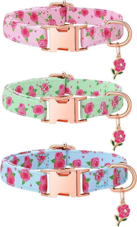 3 Pack Floral Dog Collars for Small Dogs Rose Flower Dog Collars with Pendant for Girl Female Dogs Cute Puppy Pet Collar