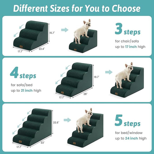 Wide Dog Stairs for Small Dog 19.7" H, Pet Step for Puppy, Older Cat, Curved Ramp for Bed, Durable Anti-Slip Ladder with High Density Foam, 4 Step, 17.7x28x19.7 inch, Dark Green