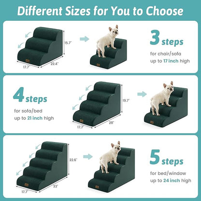 Wide Dog Stairs for Small Dog 22.6" H, Curved Pet Step for Puppy, Older Cat, Curved Ramp for High Bed or Car, Ladder with High Density Foam, Durable, 5 Step, 17.7x33x22.6 inch, Dark Green