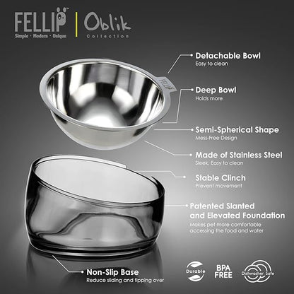 Felli Pet Oblik Acrylic Raised Dog Food Water Bowl Stainless Steel Slanted Oval Dish for Short Leg Puppy & Small Medium Pet, Elevated Tilted Metal Feeder (Smoky, 1.5 Cups Oval Dish)