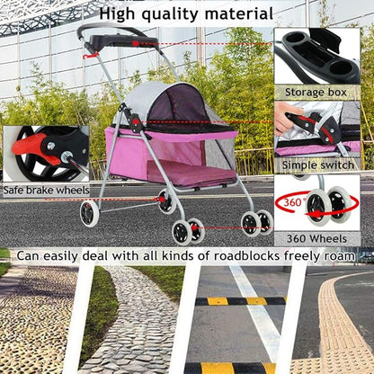 4 Wheels Pet Stroller,Dog Cage Protable Travel Folding Carrier Cart Waterproof Buggy Doggie Dog Stroller Jogger with Cup Holders for Small-Medium Pink