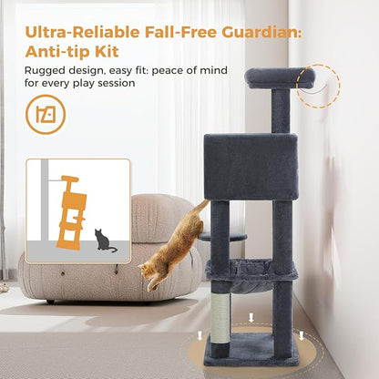 MUTTROS Cat Tree for Indoor Cats, 44.5" Multi-Level Cat Tower with Large Metal Frame Hammock, Cat Condo with 2 Scratching Posts and Top Perch for Small to Medium Cats, Dark Gray