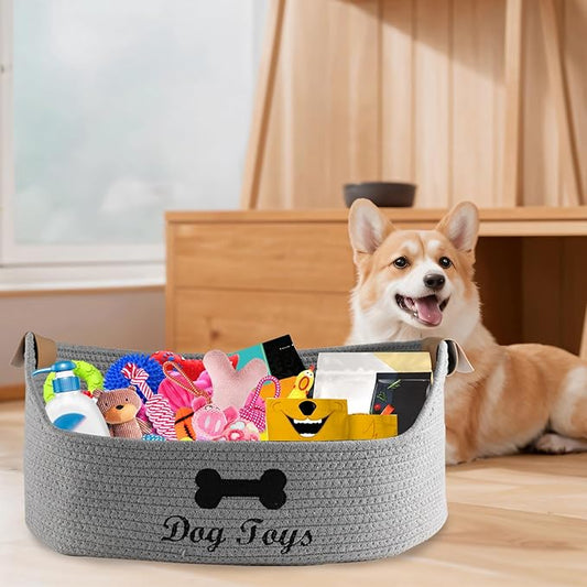 Woven Dog Toy Baskets ,Rope Basket for Dog Toys,Collapsible Dog Toy Bin with Leather Handles,Trapezoidal Puppy Toy Storage Basket,Chewproof Dog Organizer for Toys,Collar,Leash,blankets-Gray