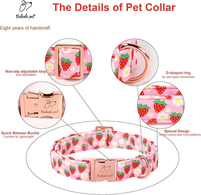 Strawberry Dog Collar for Medium Dogs - Adjustable Spring Summer Pink Girl Dog Collars, Cute Girly Female Pet Collar with Metal Buckle M