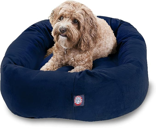 Majestic Pet 32 Inch Suede Calming Dog Bed Washable – Cozy Soft Round Dog Bed with Spine Support for Dogs to Rest Their Head - Fluffy Donut Dog Bed 32x23x7 (Inch) - Round Pet Bed Medium – Navy