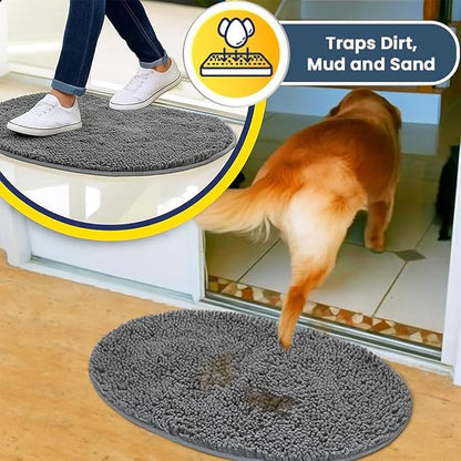 Muddy Mat® Shown on TV – Super Absorbent Microfiber Dog Door Mat for Muddy Paws, Non-Slip Washable Pet Rug, Quick Dry Chenille Entryway Carpet, Machine Washable Indoor Outdoor Mat, Grey Oval 6ft x 9ft