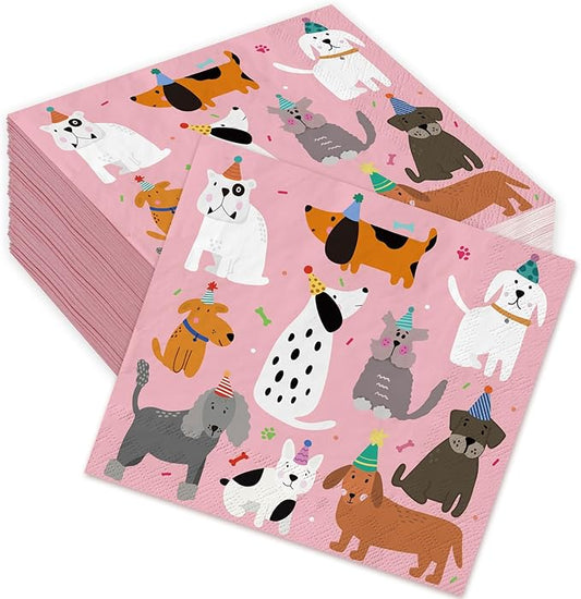 JarThenaAMCS 100 Sheets Dog Party Napkins Pink Cocktail Paper Napkins Cute Puppy Disposable Beverage Napkin for Pet Animal Party Drink Table Decor Supplies