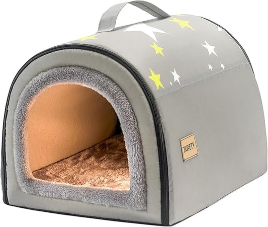 Jiupety Cozy Small Pet Dog House, 2 in 1 Puppy House, S Size for Cat and Puppy, Warm Cave Sleeping Nest for Cats and Dogs, S(14"×12"×11"), Up to 5 Lb, Grey