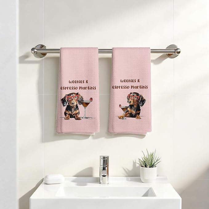 Weenies and Espresso Martini Kitchen Towels Set of 2, Dachshund Lover Gifts Dish Tea Towels for Kitchen, Gifts Cocktail Lovers Hand Towels, Weiner Dog Gifts, 16x24 Inch,CC154