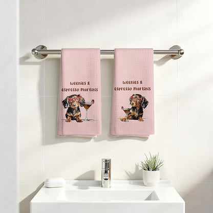 Weenies and Espresso Martini Kitchen Towels Set of 2, Dachshund Lover Gifts Dish Tea Towels for Kitchen, Gifts Cocktail Lovers Hand Towels, Weiner Dog Gifts, 16x24 Inch,CC154