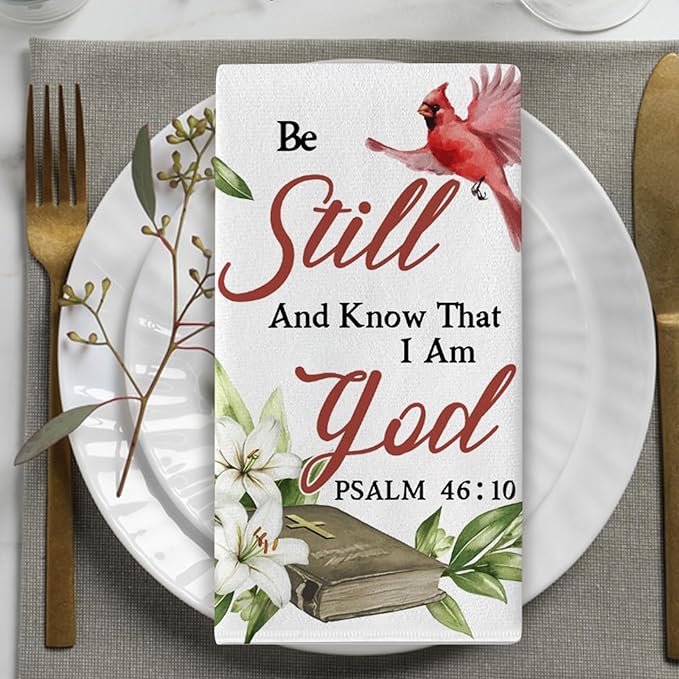 Christian Cardinal Kitchen Dish Towels Set of 2, Religious Cross Red Birds Drying Hand Towel Baking Cooking Cloth, Lily Flowers Holy Bible Home Decoration 18 x 26 Inches