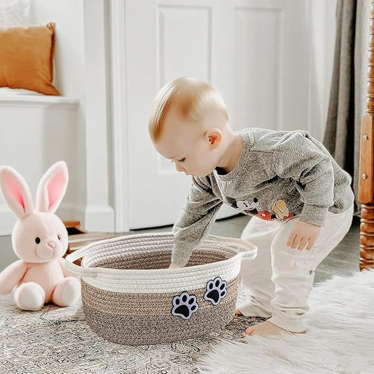 Small Woven Cotton Rope Nursery Organizer Bins, Dog Toy Basket Bins with Handle, Cute Empty Baby Gift Storage Baskets with Paw