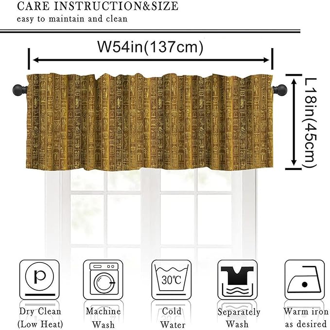 Vintage Egyptian Print Curtains Valance, Golden Egypt Hieroglyphics Old Logographic Details Alphabetic Element Window Valance Curtain for Farmhouse Bedroom Living Room Kitchen 54x18inch
