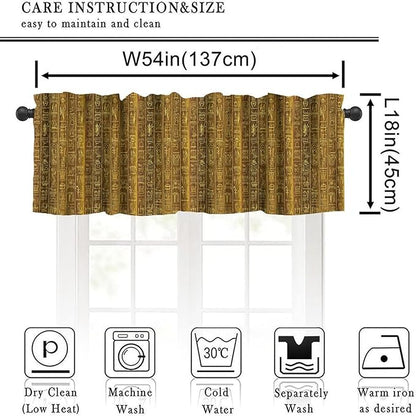 Vintage Egyptian Print Curtains Valance, Golden Egypt Hieroglyphics Old Logographic Details Alphabetic Element Window Valance Curtain for Farmhouse Bedroom Living Room Kitchen 54x18inch