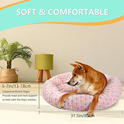31 Inch Calming Dog Bed for Medium Dogs, Round Anti-Anxiety Warm Bed, Soft Cozy Anti-Slip Donut Washable Pet Bed, Fits up to 50 lbs Pets