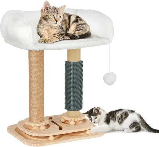 Scratching Post with Bed for Indoor Small Kittens, 4 in 1 Cat Tree with Self Groomer, Track Balls, Natural Sisal Cat Tower with Interactive Toy