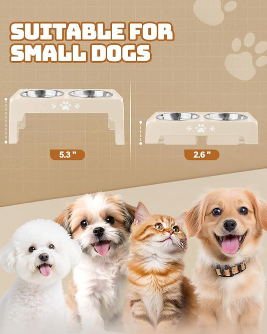 Elevated Dog Bowls for Small Dogs and Cats, Dog Feeder with 2 Thick 5.5" Stainless Steel Dishes, Non-Slip 2 Heights Adjustable to 2.6"-5.3"