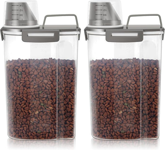 Airtight Small Cat Dog Pet Food Storage Containers BPA Free, with Large Pour Spout/1 Measuring Cup/ 4 Safety Locks and Double-layer Silicone Strip (Olive Gray x 2, 3L-2pack)