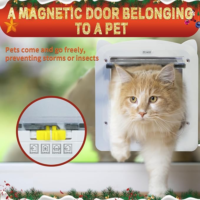 Magnetic Cat Door with 4 Way Locking, Weatherproof & Interior/Exterior Compatible (Outer: 11.5'x10.2', Inner: 7.5'x7.1')