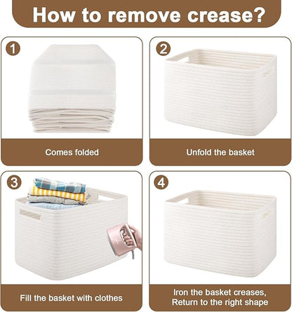 Storage Baskets for Organizing, Woven Decorative Baskets for Shelves - Books, Towels, and Clothes, Cotton Rope Toy Storage Bins, 12.7''Lx9''Wx7.8''H, Pack of 4, White