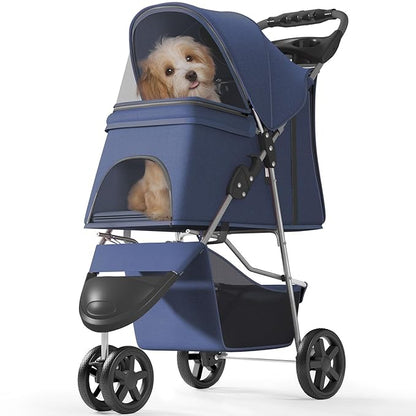 OS MOTOR Pet Stroller with 3 Wheels for Small/Medium Pets, Portable Travel Foldable Carrier Jogger for Dog Cat Puppy Kitty, Rear Wheel Breaks, Storage Basket, Visible Mesh Weather Cover (Navy Blue)