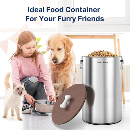 35 Lbs Stainless Steel Dog Food Storage Container with Airtight Wooden Lid & Ceramic Bone Handle, Large Metal Dog Food Bin, Pet Treat Jars for Dogs & Cats, Keep Fresh, Easy to Clean