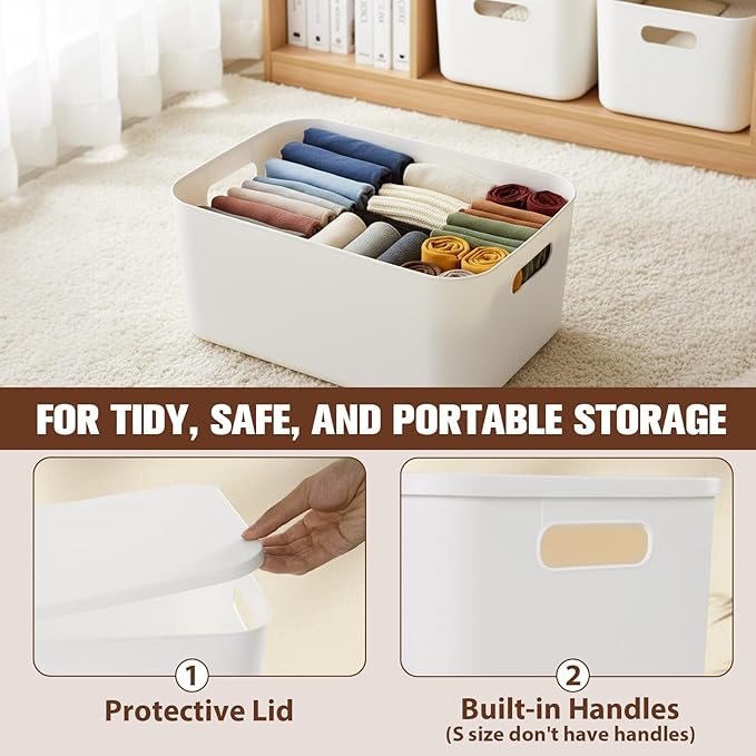 ANMINY 5PCS Plastic Storage Bins Containers with Lids, Large Storage Organization Bins Boxes, Lidded Plastic Storage Baskets for Closet Shelves Desktop, White Lids, 2M + 3S