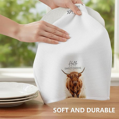 Highland Cow Farmhouse Hand Towels for Bathroom Kitchen Decor | Waffle Weave Microfiber Dish Towel Set | Hello Sweet Cheeks Farmhouse Cow Decorative - A01