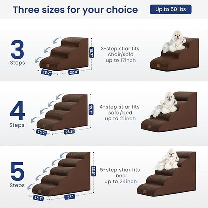 gogobunny Ramp Cat Dog Stairs for Beds, Cat Slope Stairs with Durable Waterproof Fabric Cover, Pet Steps for Old Large Dogs Climbing (Brown, 5-Step (33" D x 15.7" W x 22.6" H), 5.0)