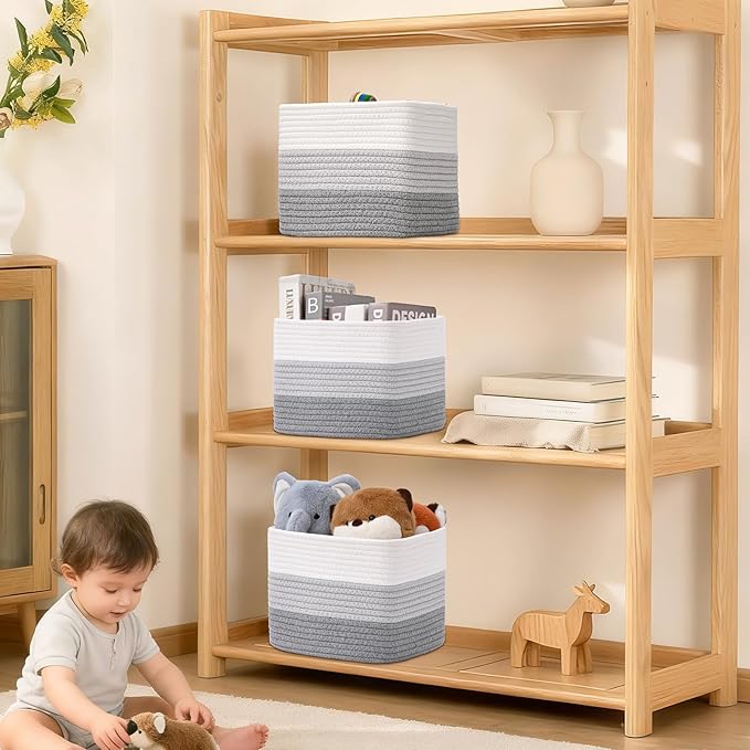 3 Pack Cube Storage Bin, 9”x9”x7” Cotton Rope Woven Baskets for Organizing Toys Clothes Towels, Square Gift Storage Baskets for Shelves, Nursery, Closet, Bathroom, Pantry (3-Tone Gray)