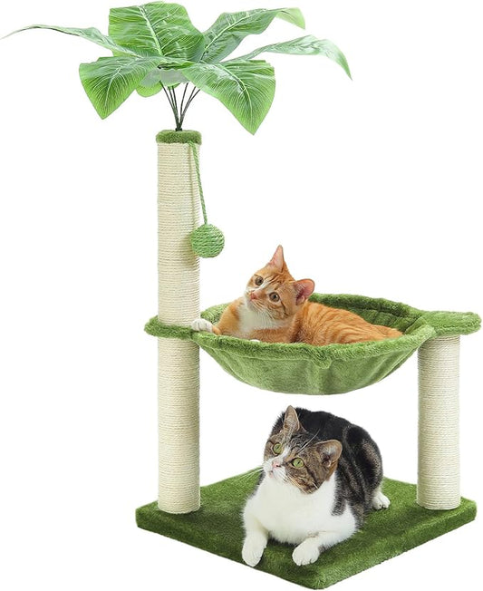 MUTTROS Small Cat Tree, 28" Cat Tower with Sisal Scratching Posts and Coconut Leaves for Indoor Small Cats, Large Hammock and Dangling Ball for Kittens, Green