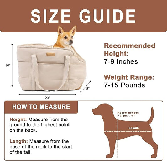 Plush Dog Purse Carrier for Small Dogs, Soft Dog Tote Bag with Safety Harness Clip, Cozy Pet Carrier for Dogs Under 15 lbs, Comfortable Dog Shoulder Carrier for Travel, White