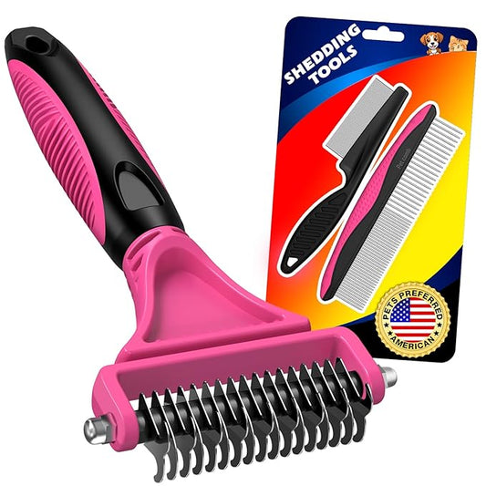 3PCS Pet Grooming Rake & Metal Comb & Flea Comb for Cats and Dogs, Double-Sided Dematting Tool, Extra-Wide Deshedding Dog Brush for Long Hair to Effectively Remove Tangles, Knots and Mats (Pink)