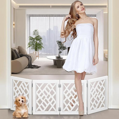 Cut-Out Design 16" Short Dog Gate for Small Dogs, Foldable Retractable Puppy Gate Indoor - Freestanding Lightweight Pet Barrier for Doorways, Stairs, Hallways (Extends to 41", White)