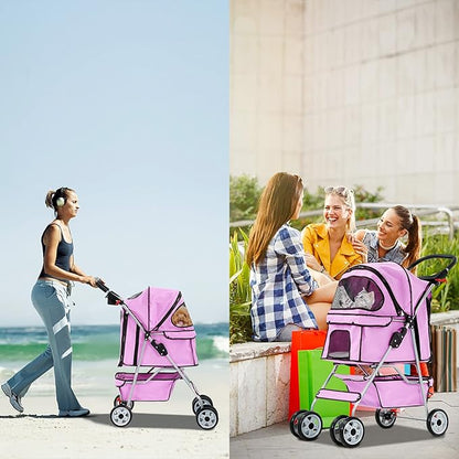 Best 4 Wheels Pet Stroller for Dog and Cat Stroller, Lightweight and Foldable Carrier Strolling Cart W/Cup Holders Removable Liner for Small and Medium Dog Cat or Pet - Pink
