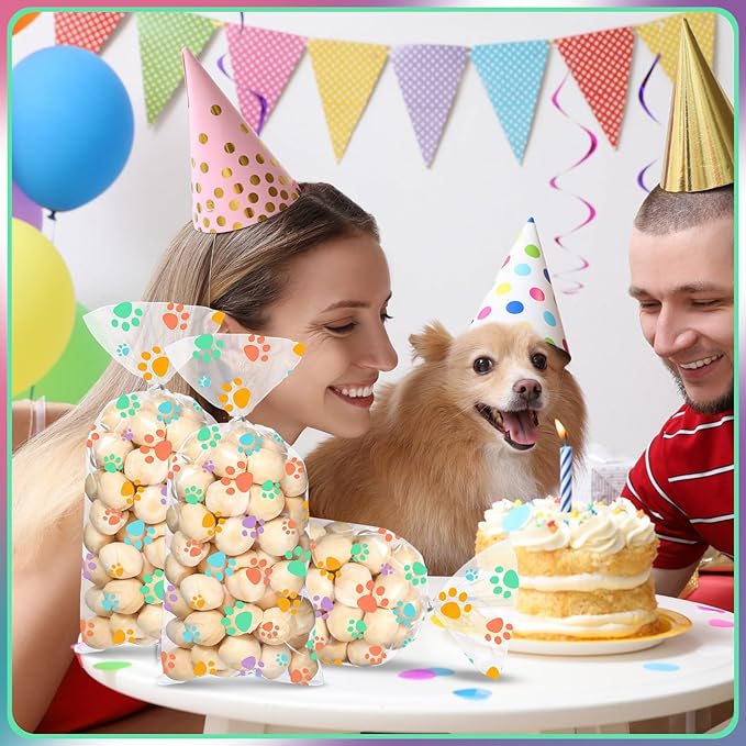 Blulu 100 Pieces Dog Treat Bags Puppy Party Favor Pet Paw Cone Cellophane Bags Candy Heat SealableDog Paw Gift with 100 Pieces Silver Twist Ties for Pet Cat Treat Party Favor (Spring Colors)
