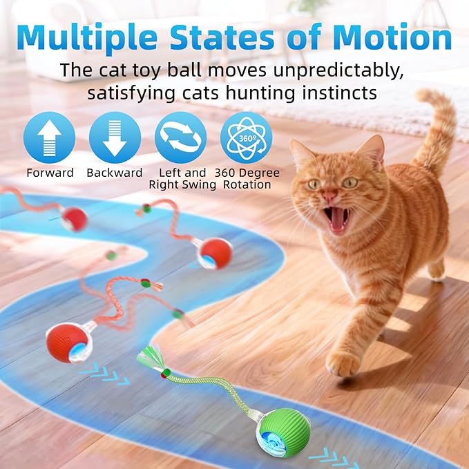 Interactive Cat Toys for Indoor Cats, Automatic Kitten Toys for Bored Indoor Adult Cats, Smart Kitten Rolling Ball Moving Balls Toy, Rechargeable Cat Ball for Enrichment Exercise (Red+Green)