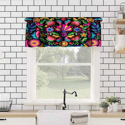 Mexican Style Valances Curtain for Kitchen, Colorful Retro Floral Pattern Window Treatment Valances Short Curtains Rod Pocket Drape for Dining Room Home Decor, 54x18inch