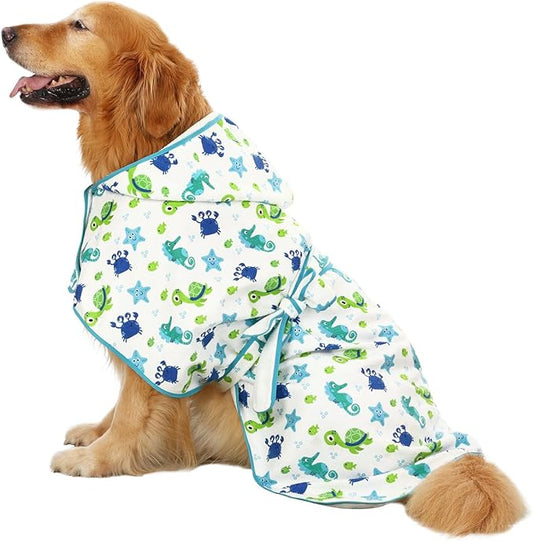 HDE Dog Bathrobe Super Absorbent Quick Drying Puppy Towel Wrap Coat Adjustable After Bath Robes with Hood for Dog Sizes S-XXL Sea Animals XXL