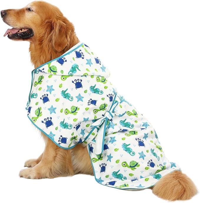HDE Dog Bathrobe Super Absorbent Quick Drying Puppy Towel Wrap Coat Adjustable After Bath Robes with Hood for Dog Sizes S-XXL Sea Animals XL