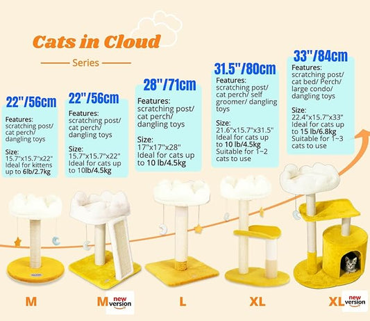 Happi N Pets Cloud Cat Tree, Cat Scratching Post with Bed, Small Cat Tree for Kittens, Cat Scratch Post with Cloud-Shaped Soft Perch & Cute Toys, Removeable Cover, Bonus Catnip