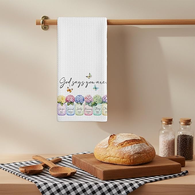 Christian Kitchen Towel, Waffle Weave Microfiber Scripture Hand Towel, God Says You are Bible Verse Farmhouse Decor for Kitchen Bathroom, Inspirational Gift for Women