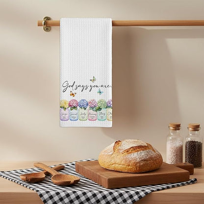 Christian Kitchen Towel, Waffle Weave Microfiber Scripture Hand Towel, God Says You are Bible Verse Farmhouse Decor for Kitchen Bathroom, Inspirational Gift for Women