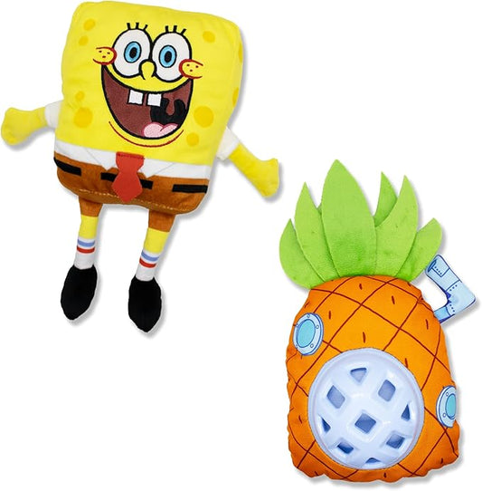 design LAB, Inc. Spongebob Squarepants Official Merchandise | Squeaky Plush Toys for Dogs | 2-Pack Spongebob & Pineapple Toys with Squeaker & Treat Dispenser | Cubby Hole to Hide Treats