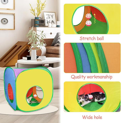Andiker Cat Tunnel, Colorful and Foldable Polyester Square Cat Tent Matches with Most Kitten Tubes with a Bell Ball 3 Holes Cats Tubes for Indoor Cats to Play and Sleep (Square L)