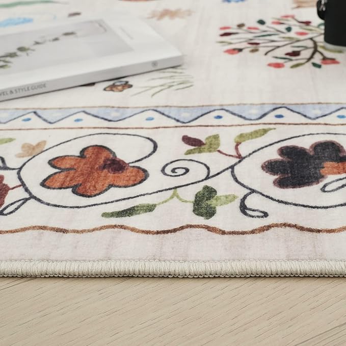 Rugcomf 2x5 Runner Rug - Floral Cat Machine Washable Kitchen Rug, Non-Slip Low Pile Boho Carpet for Hallways, Laundry, Entryway, Bedroom, Bathroom - Beige