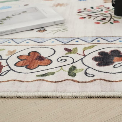 Rugcomf 2'7"x12' Kitchen Runner - Floral Cat Washable Long Hallway Runner Rug Non Slip, Boho Carpet for Entryway, Hall, Bathroom - Beige