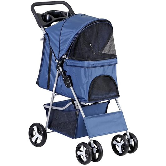 4 Wheels Dog Stroller Folding Pet Strolling Cart for Small Medium Cats Puppies Portable Jogger Travel Camping Puppy Carrier with Storage Basket Cup Holder, Navy Blue