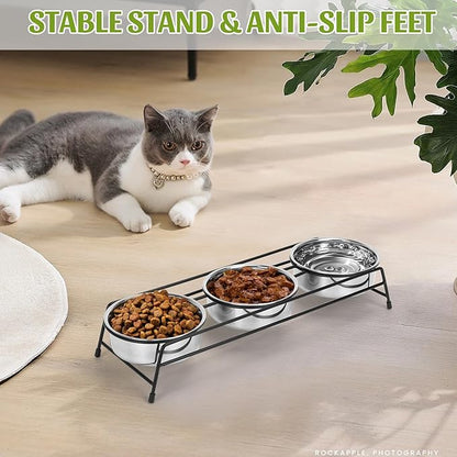 Raised Cat Bowls Triple Dog Cat Feeder Holders 3 Stainless Steel Elevated Pet Water Food Bowl for Cats Puppies Rabbits (3 Bowls)