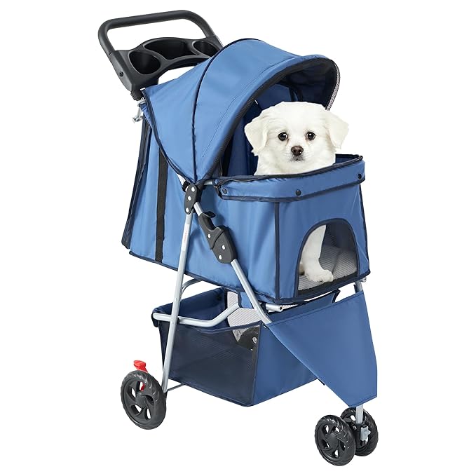 DUMOS 3 Wheels Pet Stroller for Small Dogs and Cats – Foldable Dog Stroller with Mesh Windows, Storage Basket & Cup Holder, Lightweight & Durable Pet Carrier for Travel, Outdoor Use – Blue